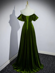 A-line Green Velvet Off Shoulder Prom Dress, Green Velvet Party Dress Evening Dress