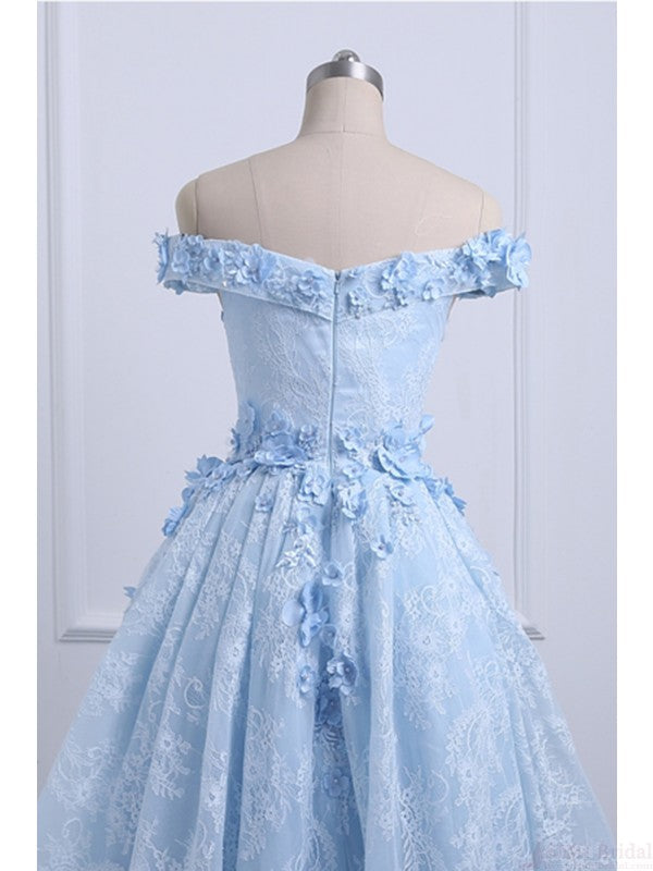 Beautiful Off the Shoulder Blue Prom Dresses Lace Applique,  High Low Prom Dress