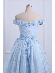 Beautiful Off the Shoulder Blue Prom Dresses Lace Applique,  High Low Prom Dress