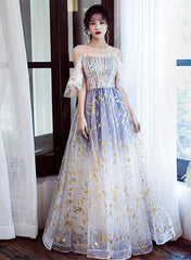 Beautiful Gradient Tulle Off Shoulder Long Party Dress, A-line Tulle Prom Dress