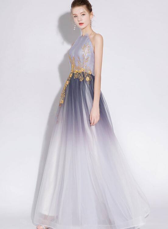 Beautiful Gradient Tulle Long Halter A-line Prom Dress, Charming Flowers Chic Formal Dress