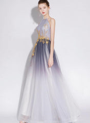 Beautiful Gradient Tulle Long Halter A-line Prom Dress, Charming Flowers Chic Formal Dress