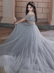 Beautiful Beaded Off Shoulder Tulle Prom Dress, A-line Grey Evening Dress Party Dress