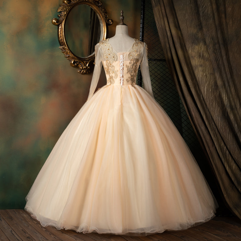 Beautiful Pearl Pink Long Sleeves Formal Dress with Lace Applique, Pink Formal Gown
