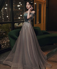 Beautiful Tulle and Velvet Off Shoulder Long Prom Dress, A-line Long Wedding Party Dresses