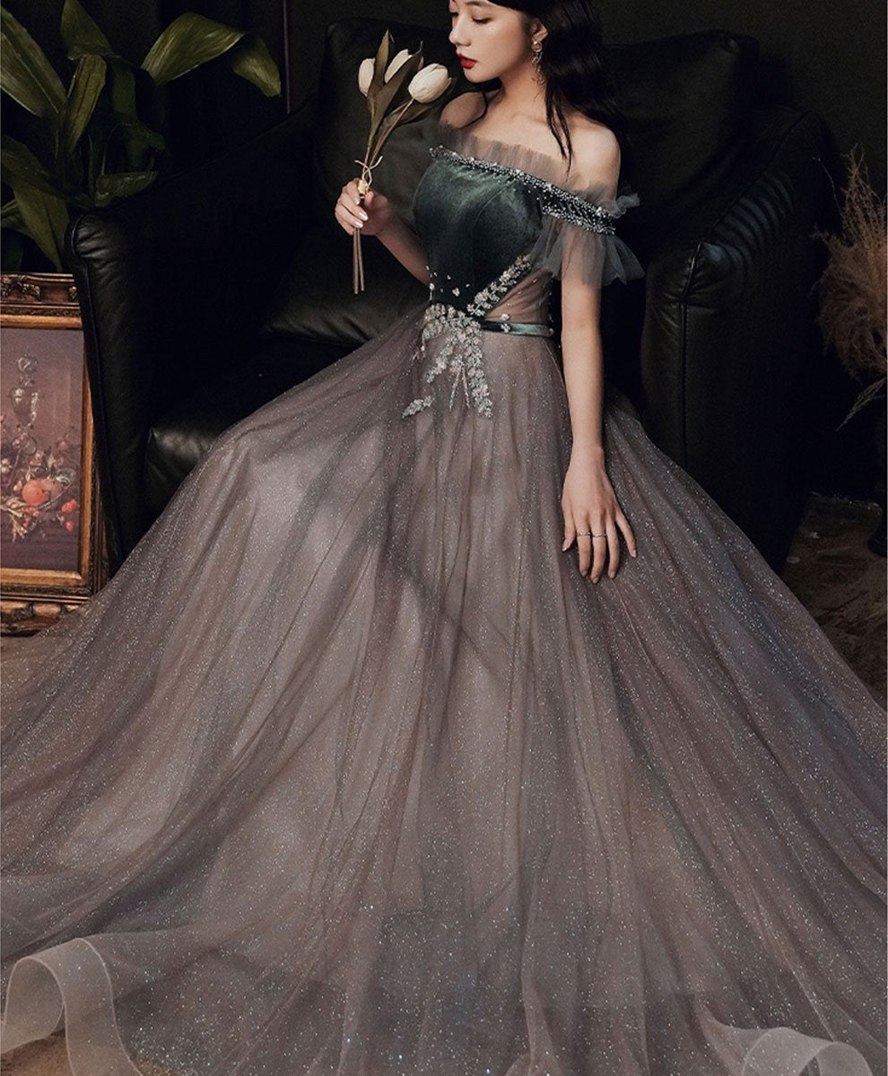 Beautiful Tulle and Velvet Off Shoulder Long Prom Dress, A-line Long Wedding Party Dresses