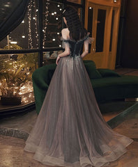 Beautiful Tulle and Velvet Off Shoulder Long Prom Dress, A-line Long Wedding Party Dresses