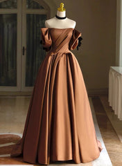 A-line Brown Satin Off Shoulder Scoop Long Prom Dress, Satin Evening Dress