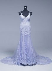 Beautiful Lavener Tulle with Lace Sheath Spaghetti Straps Evening Dresses, Long Prom Dresses