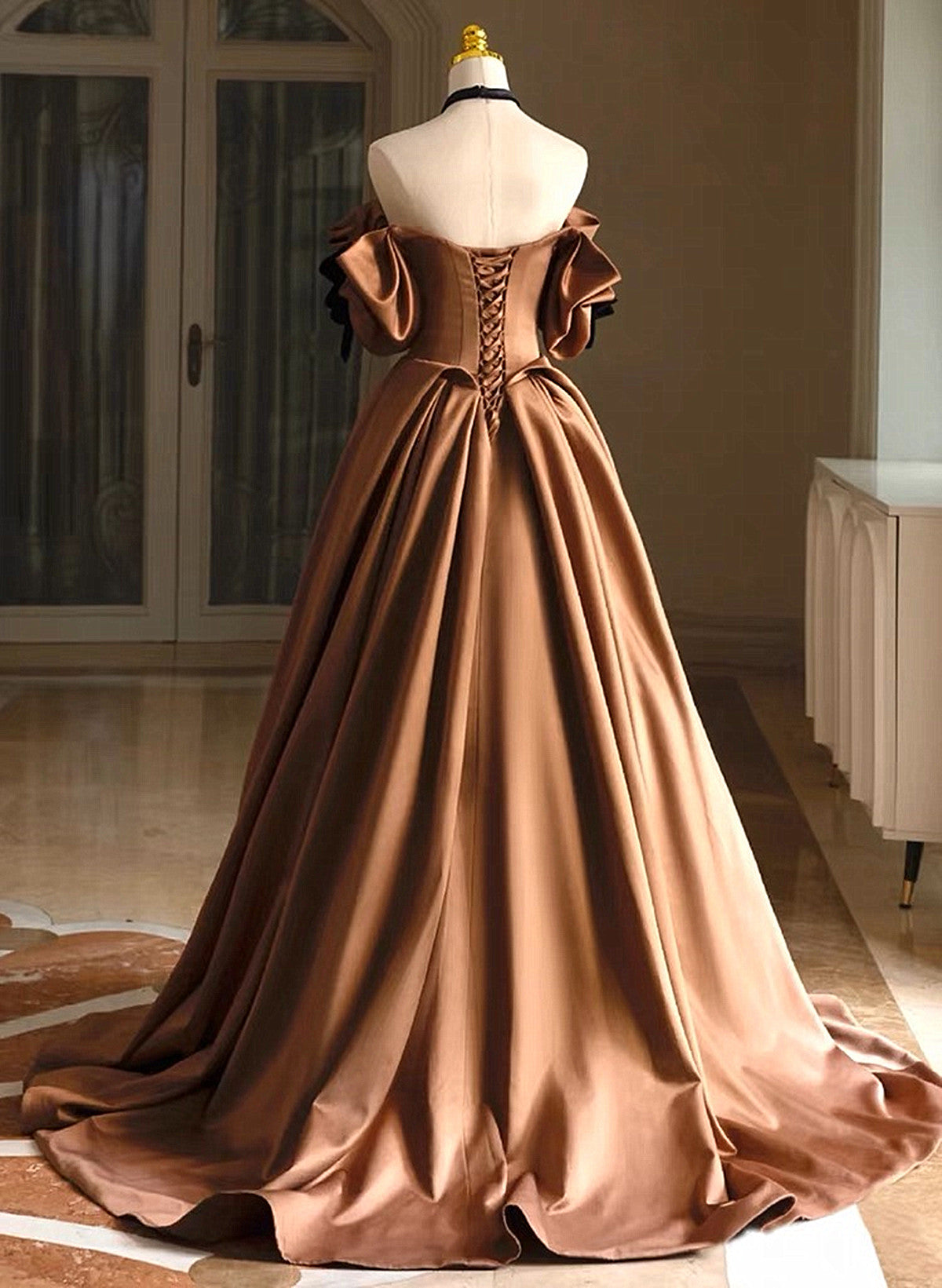 A-line Brown Satin Off Shoulder Scoop Long Prom Dress, Satin Evening Dress