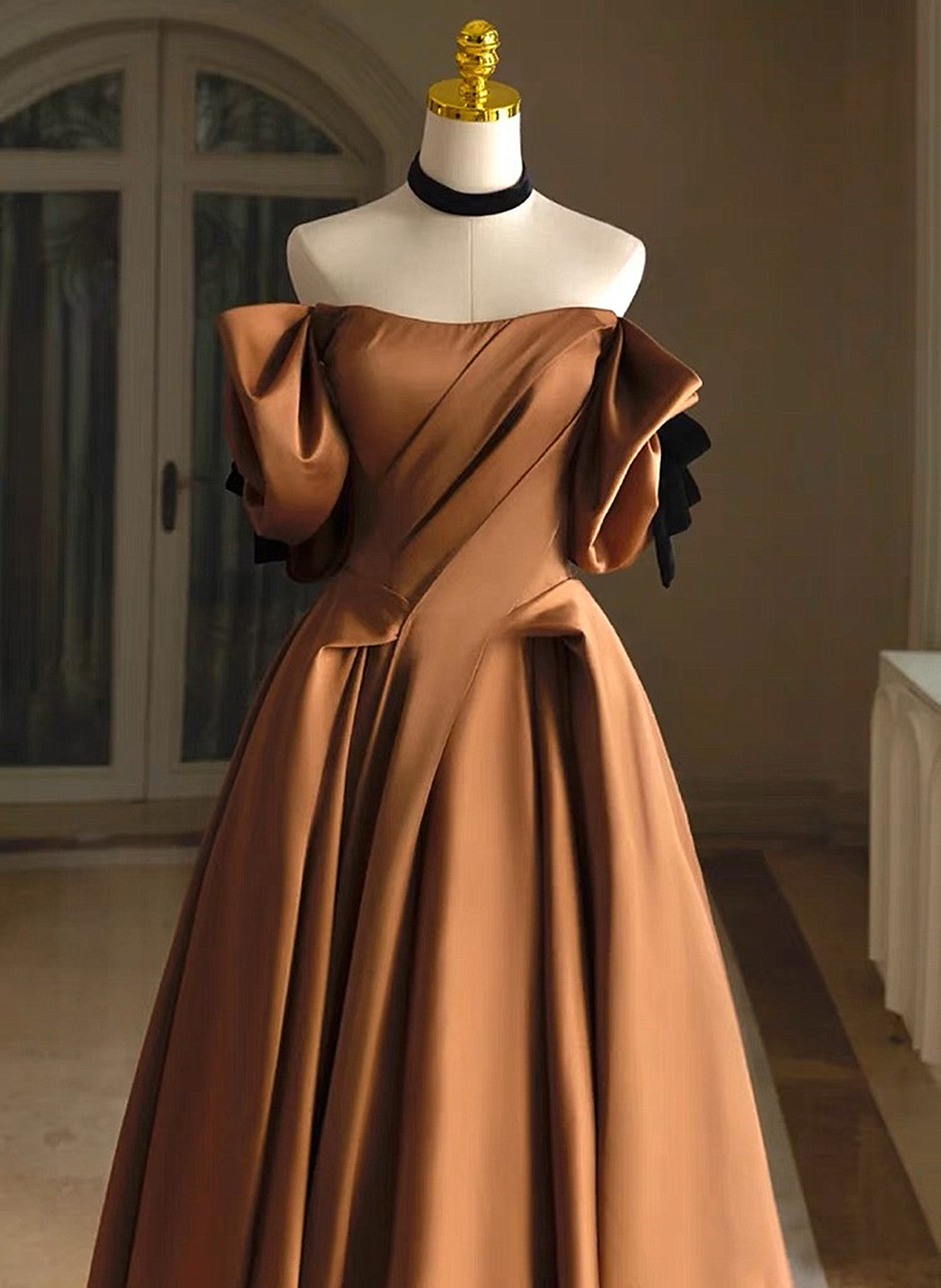 A-line Brown Satin Off Shoulder Scoop Long Prom Dress, Satin Evening Dress