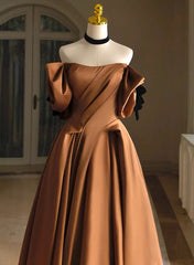 A-line Brown Satin Off Shoulder Scoop Long Prom Dress, Satin Evening Dress