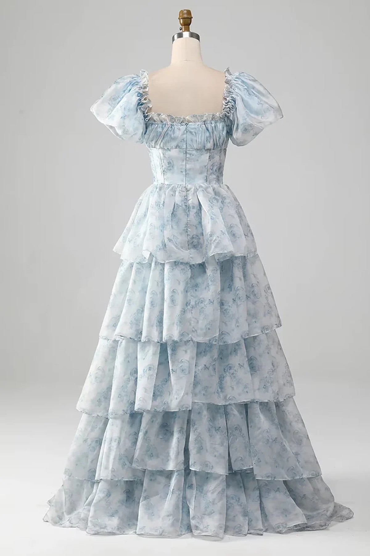 A-line Floral Blue Layers Scoop Short Sleeves Party Dress, Blue Evening Dress