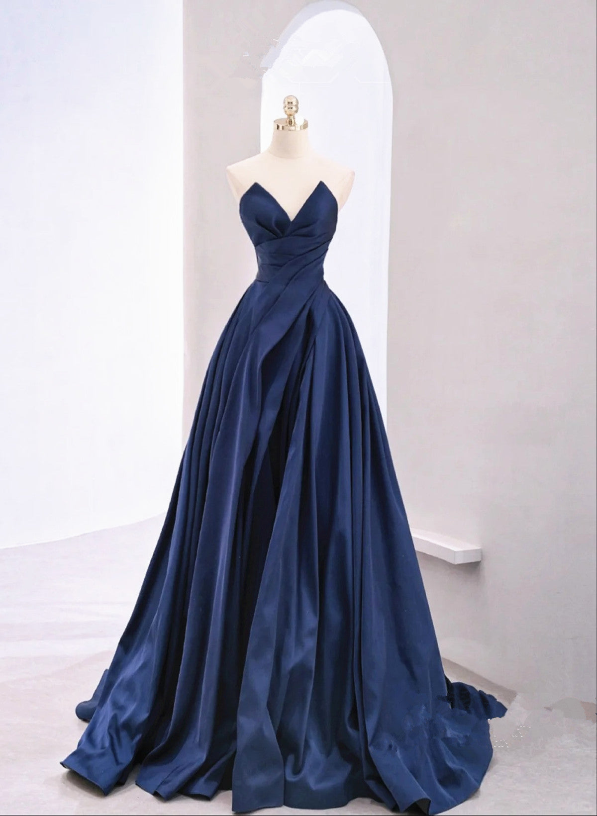 A-line Navy Blue Tulle Long Party Dress, Navy Blue Satin Prom Dress