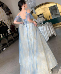 Beautiful Light Blue V-neckline Long Lace Applique Formal Dress, Blue Evening Gown